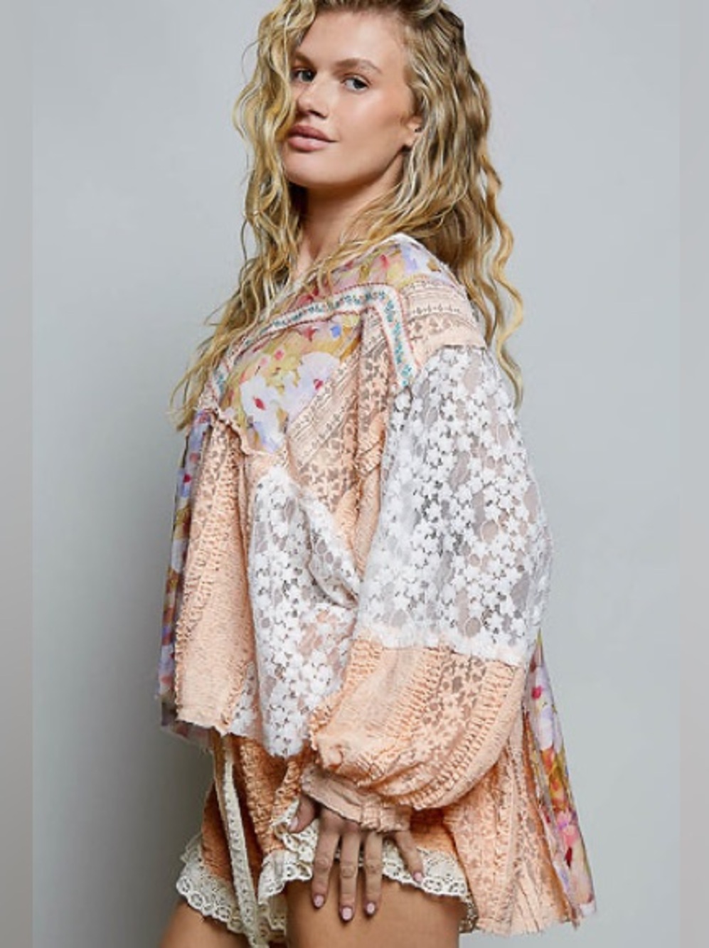 POL Bohemian Mixed Lace Printed Top Apricot Multi Relaxed Silhouette Top - Picture 2 of 6